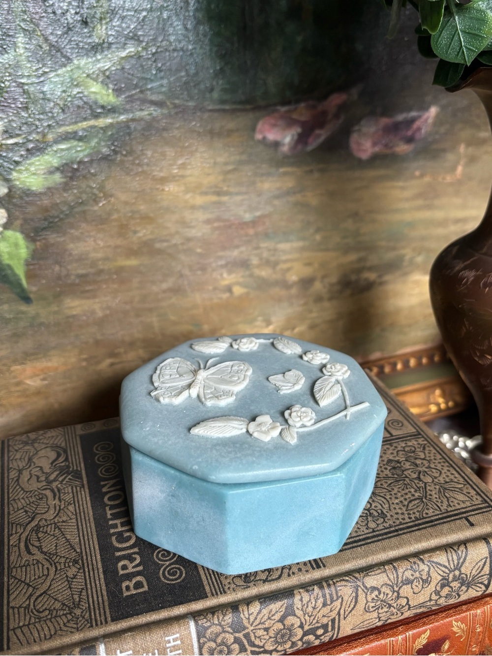 Blue Stone Incolay Hexagonal Trinket Box with White Butterflies